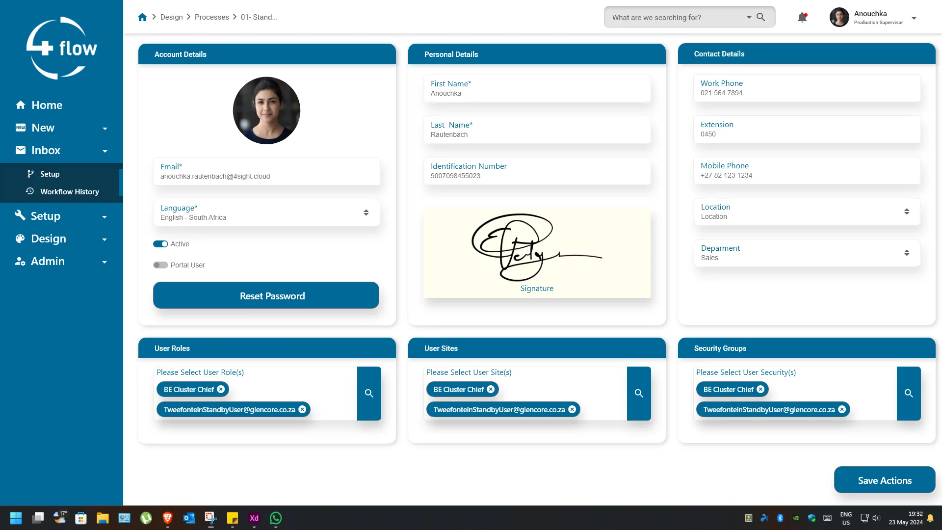4flow account and profile management screen with user roles and security groups