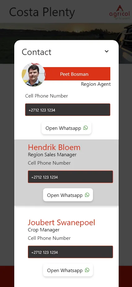 Agricol agent contact screen with WhatsApp options