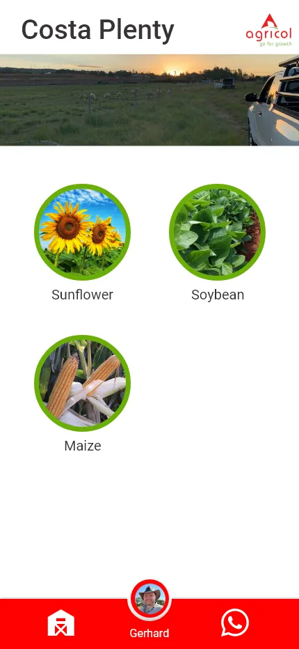 Agricol crop selection screen with circular crop icons
