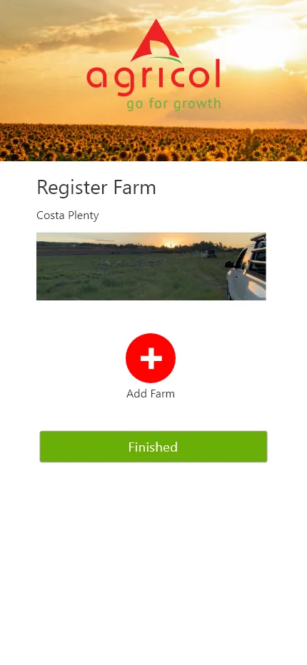 Agricol farm registration confirmation with add farm option