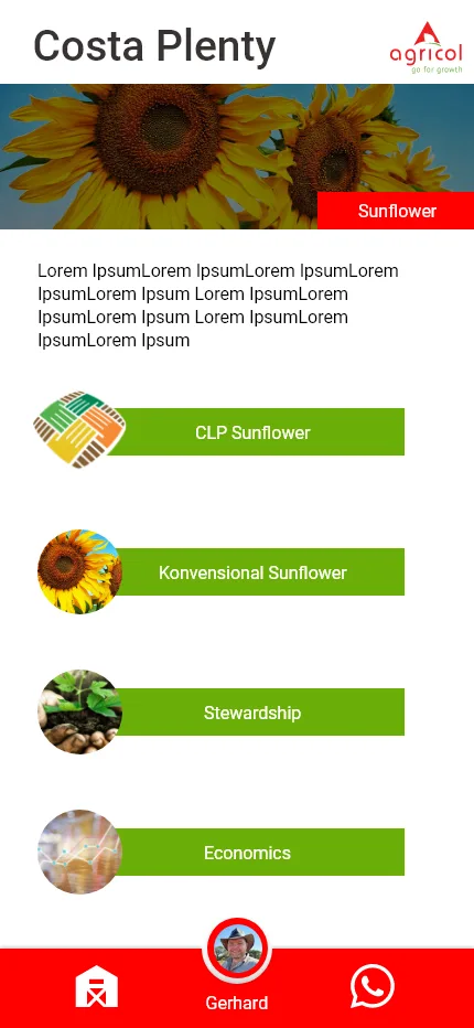 Agricol crop detail screen with stewardship and economics options