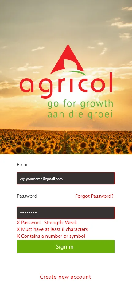 Agricol login screen with sunflower field background