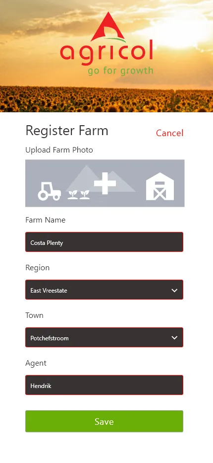Agricol register farm form with photo upload