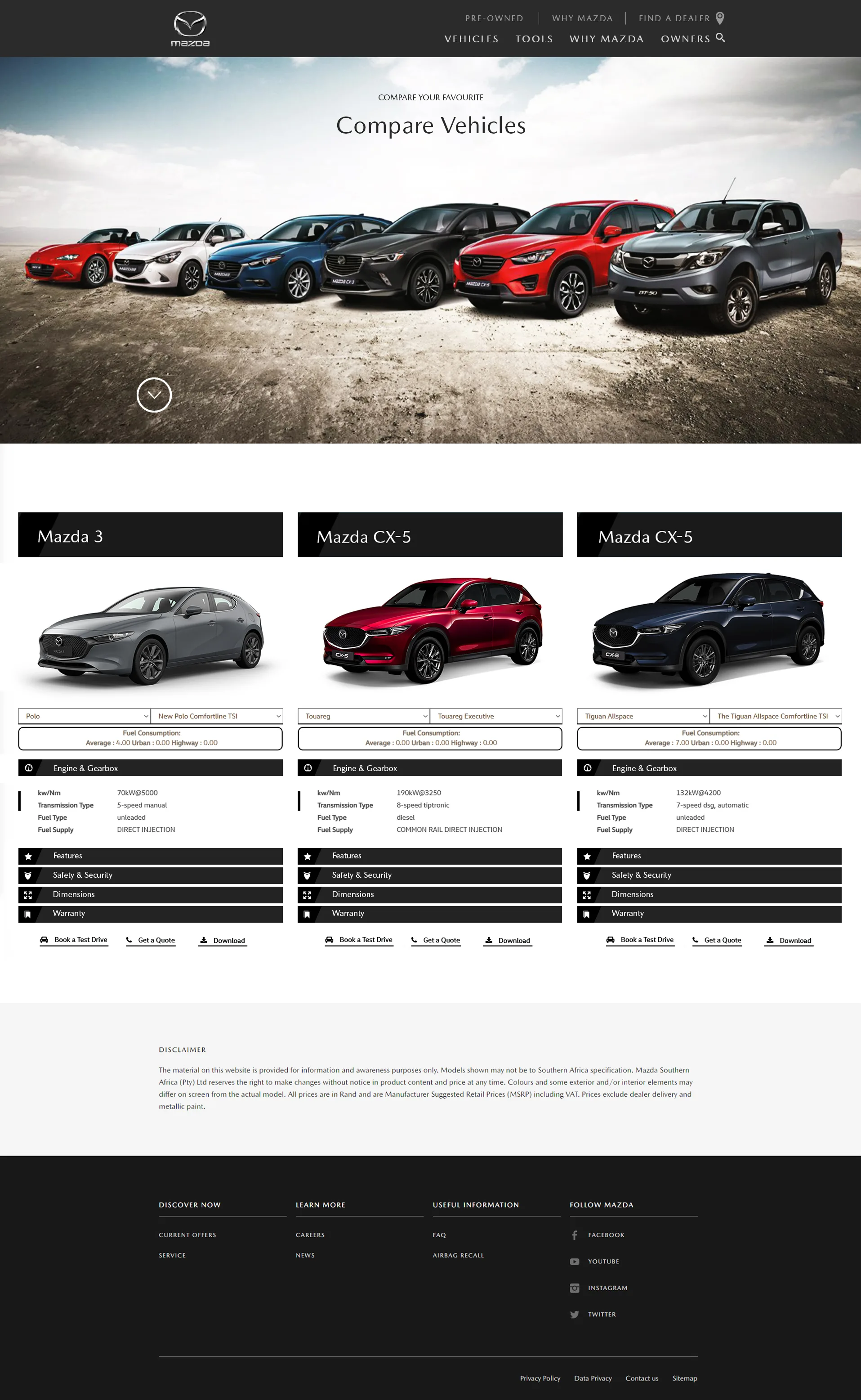 Vehicle comparison screen