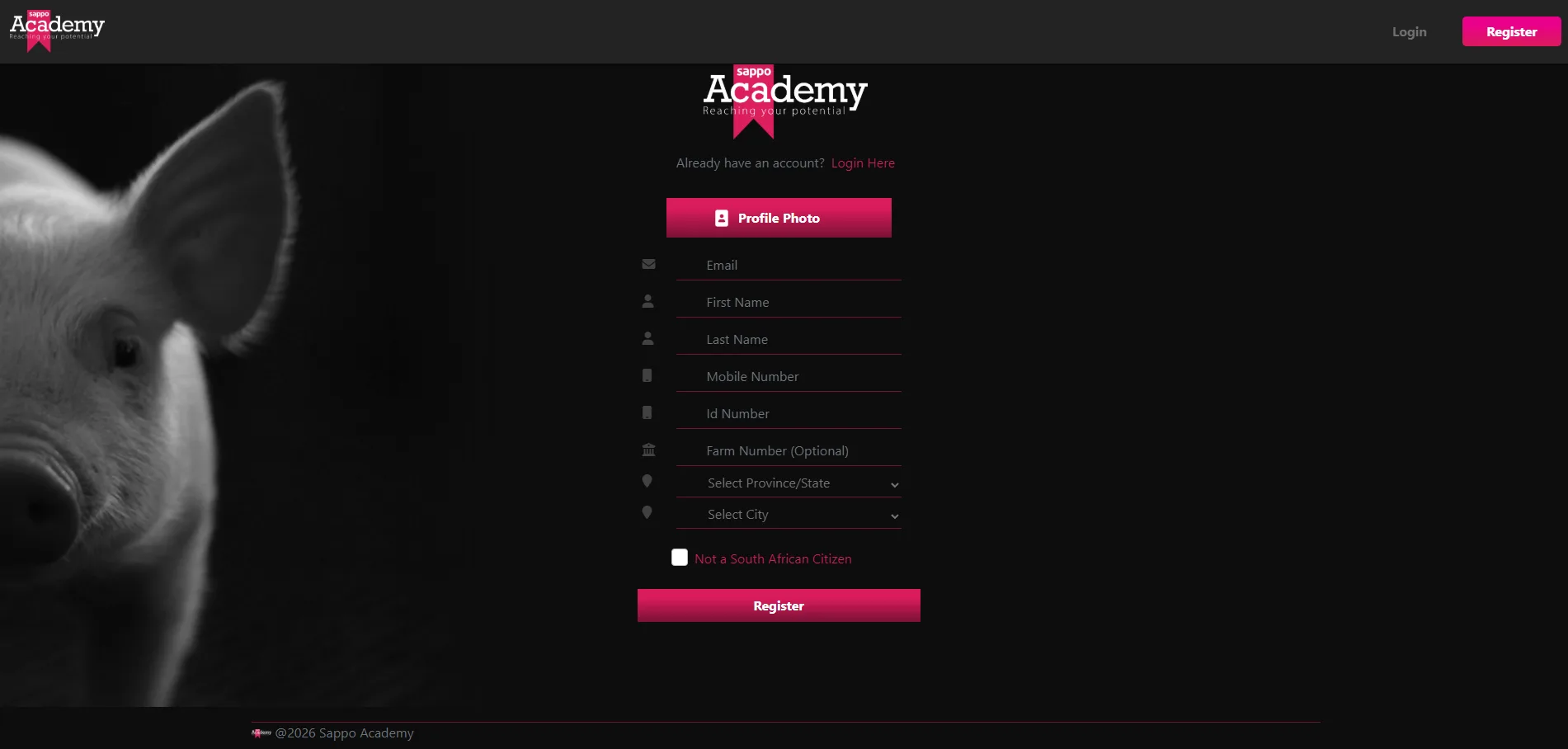 SAPPO Academy registration screen with pig photography and pink Register button