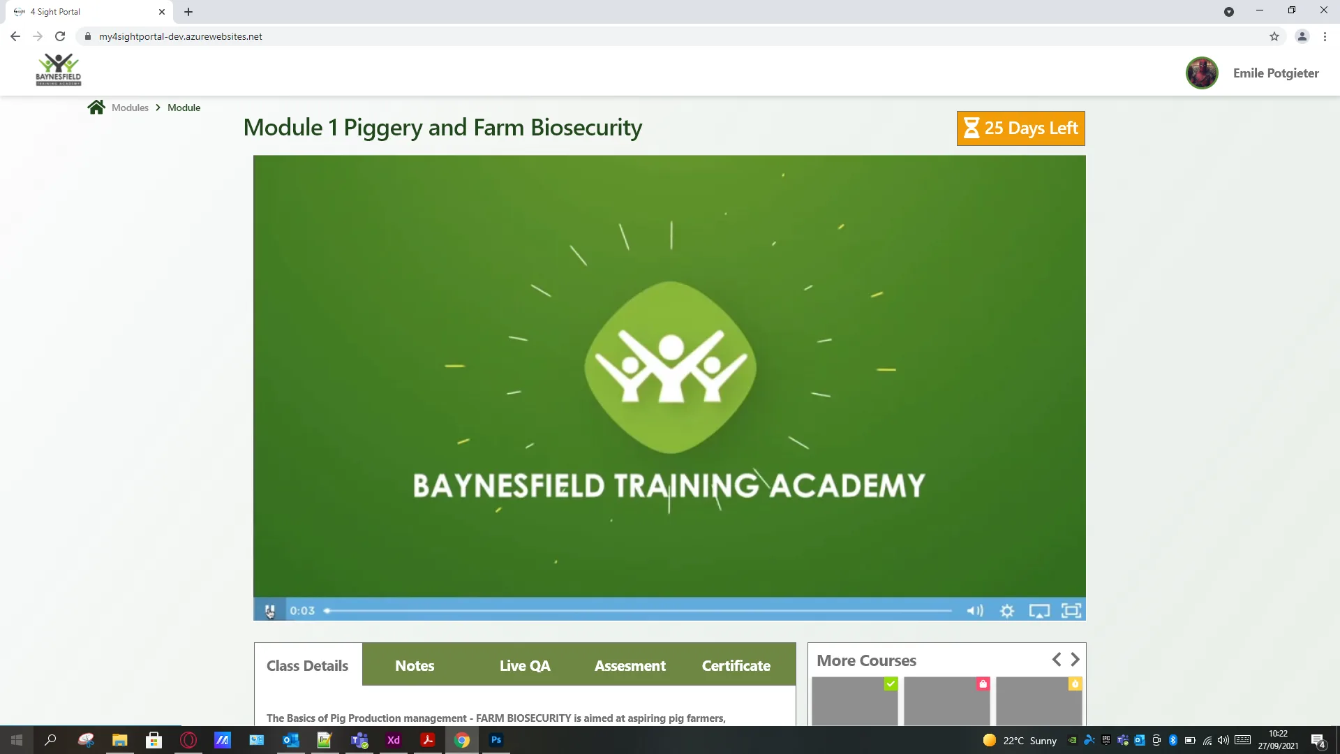 Open module view with video lesson and progress bar