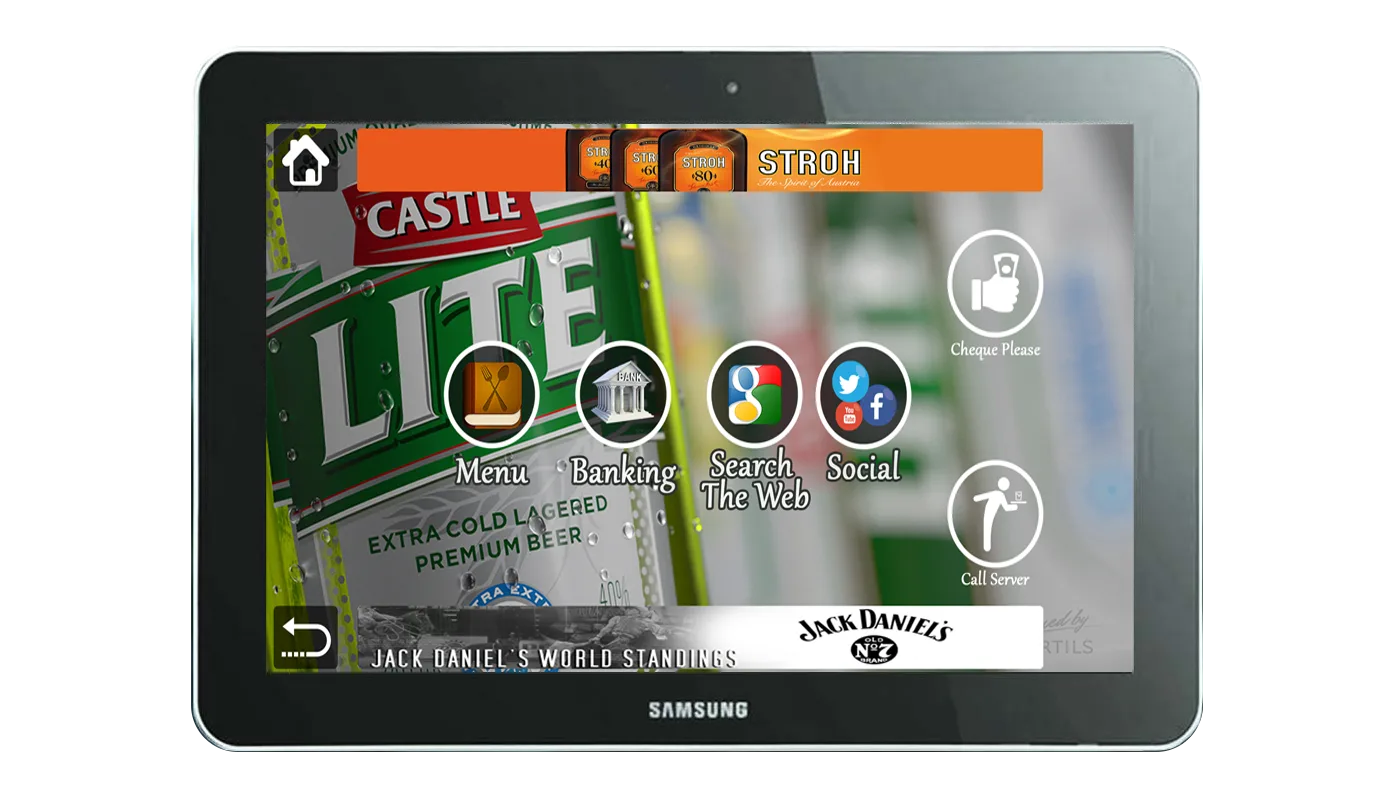 iBar tablet menu with quick shortcuts to menu, drinks, web search, and social