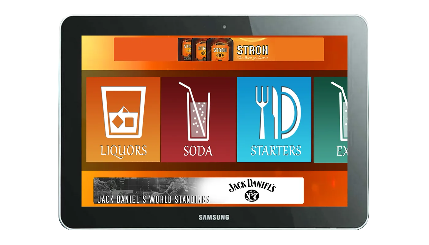 iBar tablet category screen for liquors, soda, starters, and extras