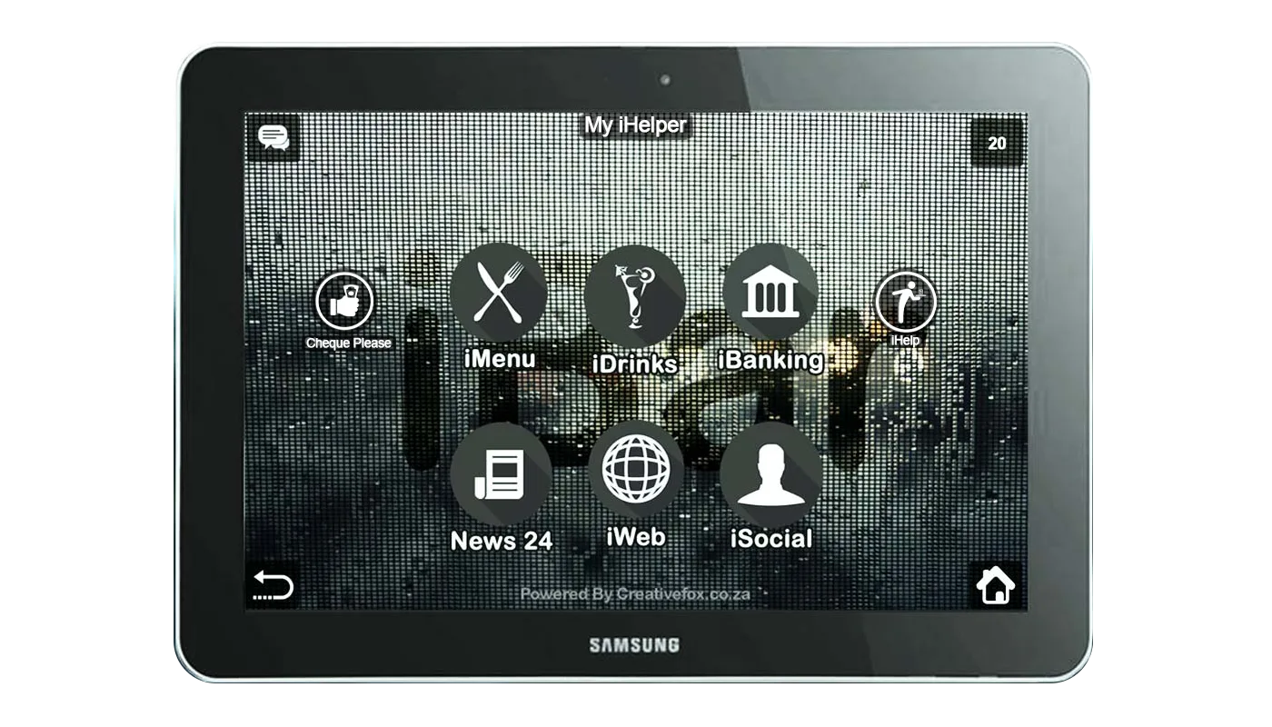iHelper home grid with iMenu, iDrinks, iBanking, and iSocial shortcuts