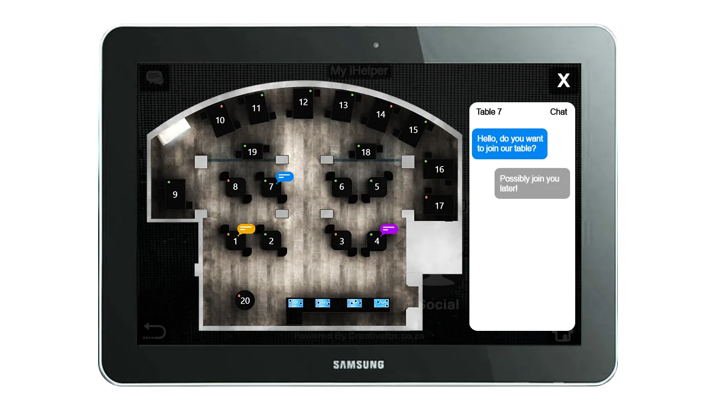 Table floor plan with table-to-table chat panel